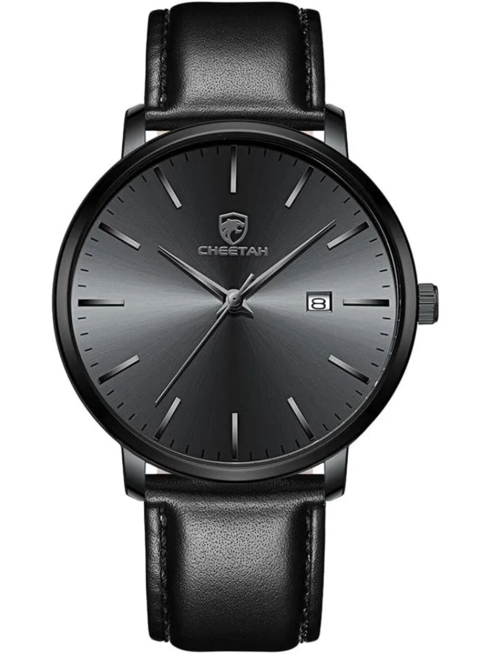 Men's Black Lightweight Leather Strap Minimalist Waterproof Quartz Wrist Watch